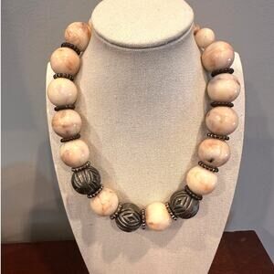 PAULINE RADER Beaded Necklace 17" Long Oversized Cream Brown Silver tone